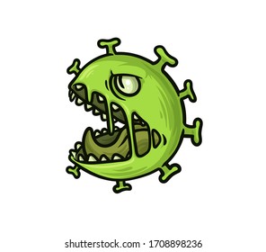 Green germ, virus, bacterium funny monster, cartoon character. Flat vector illustration, isolated on white background.