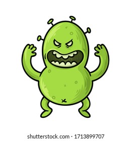 Green germ, virus, bacterium funny monster, cartoon character. Flat vector illustration, isolated on white background.