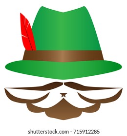 Green German Alpine Octoberfest hat with red feathers. Hunter hat with feather.  Traditional Bavarian hunting hat with feather and sign moustache, bearder. Octoberfest symbol. Colorful illustration.