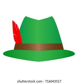 Green German Alpine Octoberfest hat with red feathers. Hunter hat with feather.