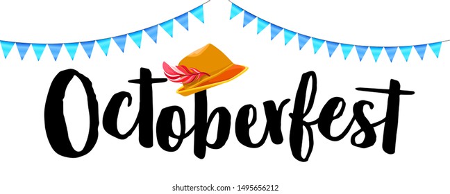 Green germany costume oktoberfest hat with feather icon in cartoon style isolated on white background vector illustration Munich Beer Festival Oktoberfest handwritten text