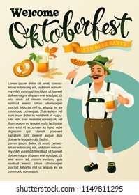 Green germany costume oktoberfest man a mustache icon in cartoon style isolated on vintage background vector illustration Munich Beer Festival Oktoberfest handwritten text