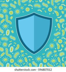 Green germs around a blue shield - vector illustration