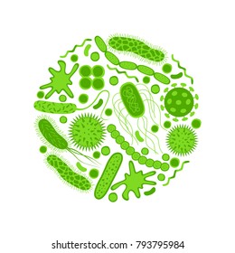 Grüne Keime und Bakterien-Symbole einzeln auf weißem Hintergrund.  Form der Bakterienzelle: Cocci, Bacilli, Spirilla.  Vektorgrafik im Flachstil.