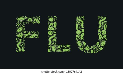 Green germs / bacteria spelling the word Flu on a black background - Vector illustration