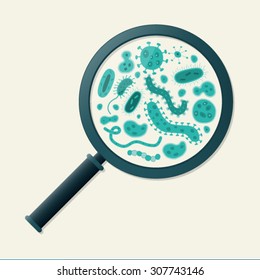 Green Germs And Magnifying Glass - Vector Illustration