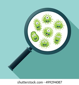 Green germs and magnifying glass - Vector illustration
