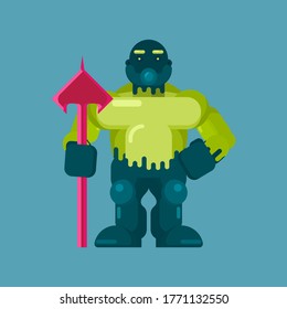 Green giant scary monster bring trident cartoon character with wearing a mask vector Illustration in flat style