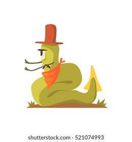 Green Giant Snake Monster In Cowboy Hat And Bandana Sitting At Bonfire, Alien Camping And Hiking Cartoon Illustration