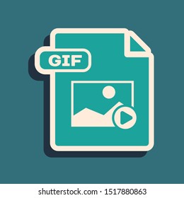 Green GIF file document. Download gif button icon isolated on blue background. GIF file symbol. Long shadow style. Vector Illustration
