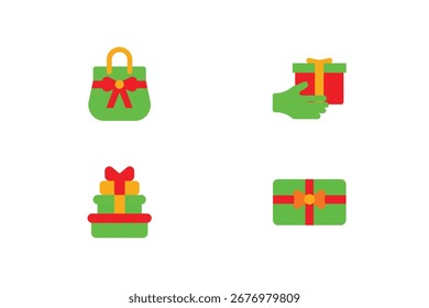 Green gift bag boxes with red bows yellow accents present