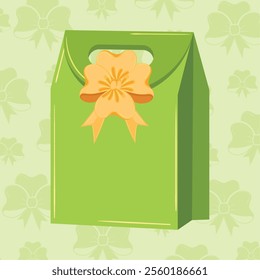Green gift bag with golden ribbon and decorative bow Vector