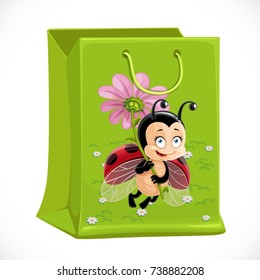 Green gift bag with a picture of Ladybug isolated on white background