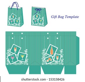 Green gift bag template with cocktail, wine and juice. Vector illustration.