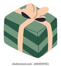 A green gift is a gift with a bow. Gift, present for holiday celebration and special occasions. Isolated birthday or anniversary box with wrapping paper. Sale, trading concept. Colorful wrapped.
