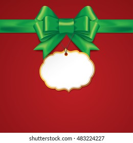 Green gift bows with ribbons On Red Background. Green Bow with card. Vector Illustration.