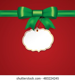 Green gift bows with ribbons On Red Background. Green Bow with card. Vector Illustration.