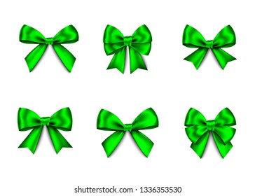 Green  gift  bows set  isolated on white background. Christmas, New Year, birthday  decoration. Vector realistic decor element  for banner, greeting card, poster.