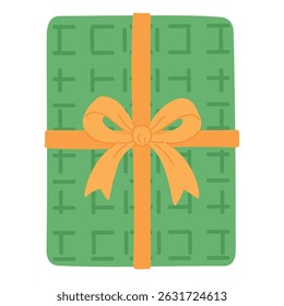 Green gift box with abstract geometric pattern and yellow ribbon, ideal for festive modern designs.