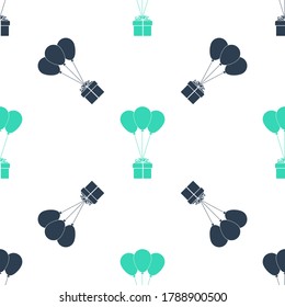 Green Gift box with balloons icon isolated seamless pattern on white background. Vector.