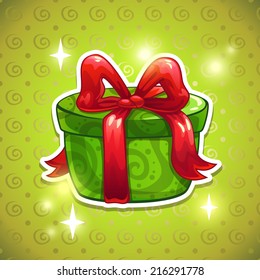Green gift box with big red bow. Beautiful present sticker with sparkles