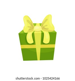Green gift box with big yellow bow. Present for Birthday. Sale or shopping concept. Decorative element for greeting card. Cartoon flat vector icon