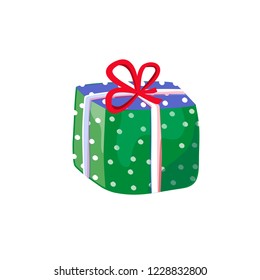Green gift box with a bow icon, special present idea. Flat design vector illustration. Celebration event, surprising gift. Shopping box,
