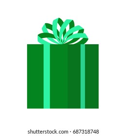 Green gift box with bow, isolated on white background, vector illustration, icon