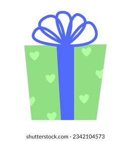 Green gift box with bow vector illustration. Cartoon drawing of present with blue ribbon isolated on white background. Christmas, birthday, celebration concept
