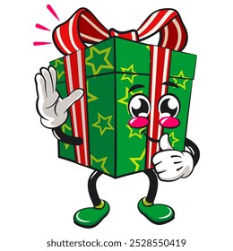 green gift box cartoon character and stars pattern with a red ribbon isolated vector illustration wave your hand and give a thumbs up , the concept of birthday, Christmas, new year, work of hand drawn
