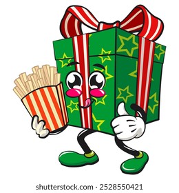 green gift box cartoon character and stars pattern with a red ribbon isolated vector illustration brought a box of french fries, the concept of birthday, Christmas, new year, work of hand drawn