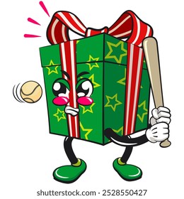 green gift box cartoon character and stars pattern with a red ribbon isolated vector illustration playing baseball ready to hit the ba, the concept of birthday, Christmas, new year, work of hand drawn