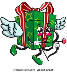 green gift box cartoon character and stars pattern with a red ribbon isolated vector illustration become a cupid with angel wings and the arrow of love, the concept of birthday, Christmas, new year