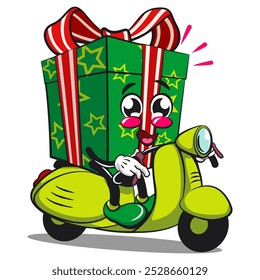 green gift box cartoon character and stars pattern with a red ribbon isolated vector illustration riding a scooter, the concept of birthday, Christmas, new year, work of hand drawn