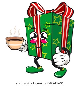 green gift box cartoon character and stars pattern with a red ribbon isolated vector illustration with a cup of coffee or tea while giving a thumbs up, the concept of birthday, christmas, new year