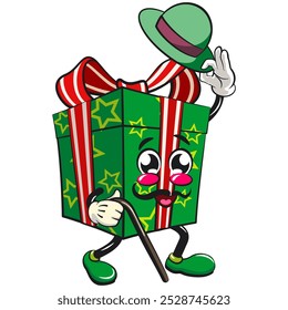 green gift box cartoon character and stars pattern with a red ribbon isolated vector illustration carrying a stick and saluting with raised hat, the concept of birthday, christmas, new year