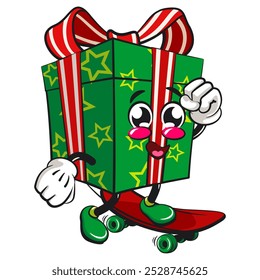 green gift box cartoon character and stars pattern with a red ribbon isolated vector illustration playing skateboarding, the concept of birthday, christmas, new year, work of hand drawn