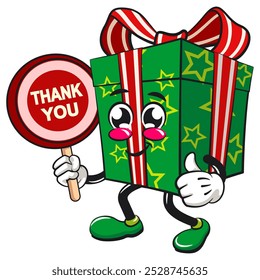 personagem de desenho animado caixa de presente verde e estrelas padrão com uma fita vermelha ilustração vetor isolado carregando um sinal dizendo obrigado, o conceito de aniversário, natal, ano novo, trabalho de mão desenhada