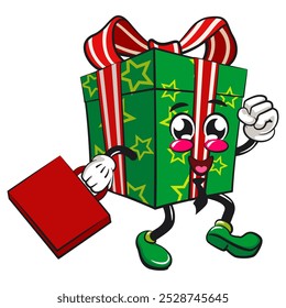 green gift box cartoon character and stars pattern with a red ribbon isolated vector illustration wearing a tie and carrying a suitcas, the concept of birthday, christmas, new year, work of hand drawn
