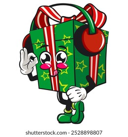 green gift box cartoon character and stars pattern with a red ribbon isolated vector illustration listening to headset while dancing, the concept of birthday, christmas, new year, work of hand drawn
