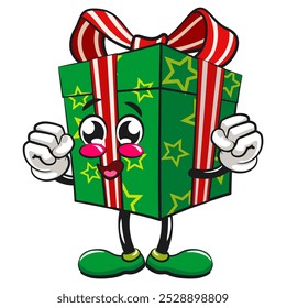 green gift box cartoon character and stars pattern with a red ribbon isolated vector illustration be healthy and strong enough to become a champion, the concept of birthday, christmas, new year