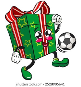 green gift box cartoon character and stars pattern with a red ribbon isolated vector illustration dribbling a football or soccer ball, the concept of birthday, christmas, new year, work of hand drawn