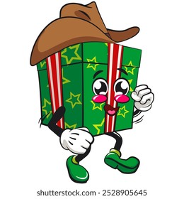 green gift box cartoon character and stars pattern with a red ribbon isolated vector illustration wearing a cowboy hat walking calmly, the concept of birthday, christmas, new year, work of hand drawn