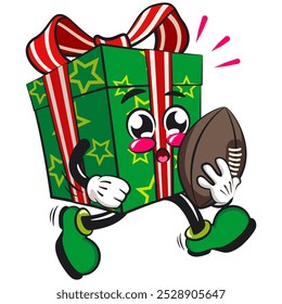 green gift box cartoon character and stars pattern with a red ribbon isolated vector illustration playing rugby and american football, the concept of birthday, christmas, new year, work of hand drawn