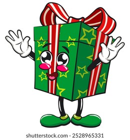 green gift box cartoon character and stars pattern with a red ribbon isolated vector illustration Raising your hands spreads joy, the concept of birthday, christmas, new year, work of hand drawn