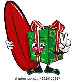 green gift box cartoon character and stars pattern with a red ribbon isolated vector illustration with surfboard, the concept of birthday, christmas, new year, work of hand drawn