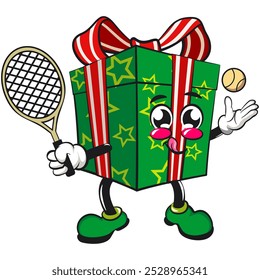 green gift box cartoon character and stars pattern with a red ribbon isolated vector illustration playing tennis, the concept of birthday, christmas, new year, work of hand drawn
