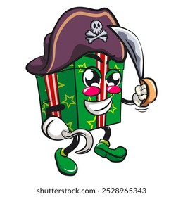 green gift box cartoon character and stars pattern with a red ribbon isolated vector illustration as pirate with dagger, the concept of birthday, christmas, new year, work of hand drawn