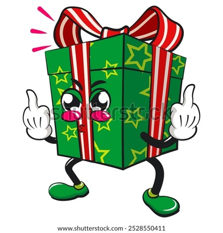 green gift box cartoon character and stars pattern with a red ribbon isolated vector illustration raising two middle finger, the concept of birthday, Christmas, new year, work of hand drawn