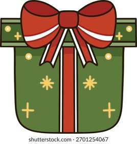 Green gift box cartoon with red bow